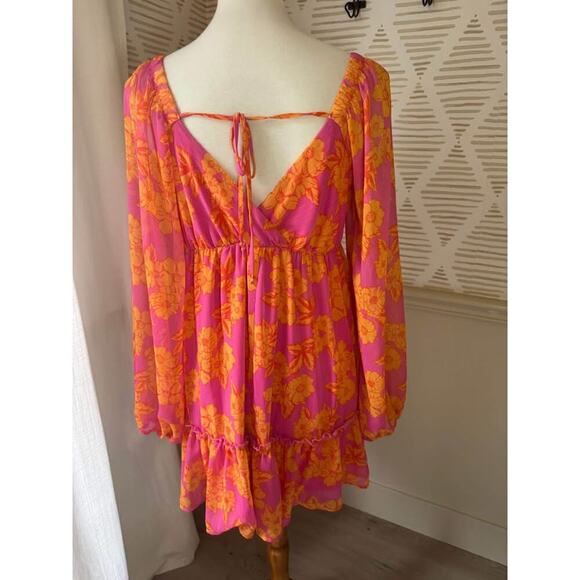 Peach Love Women’s Small Orange and Pink Sheer Floral Mini Dress - Picture 4 of 5